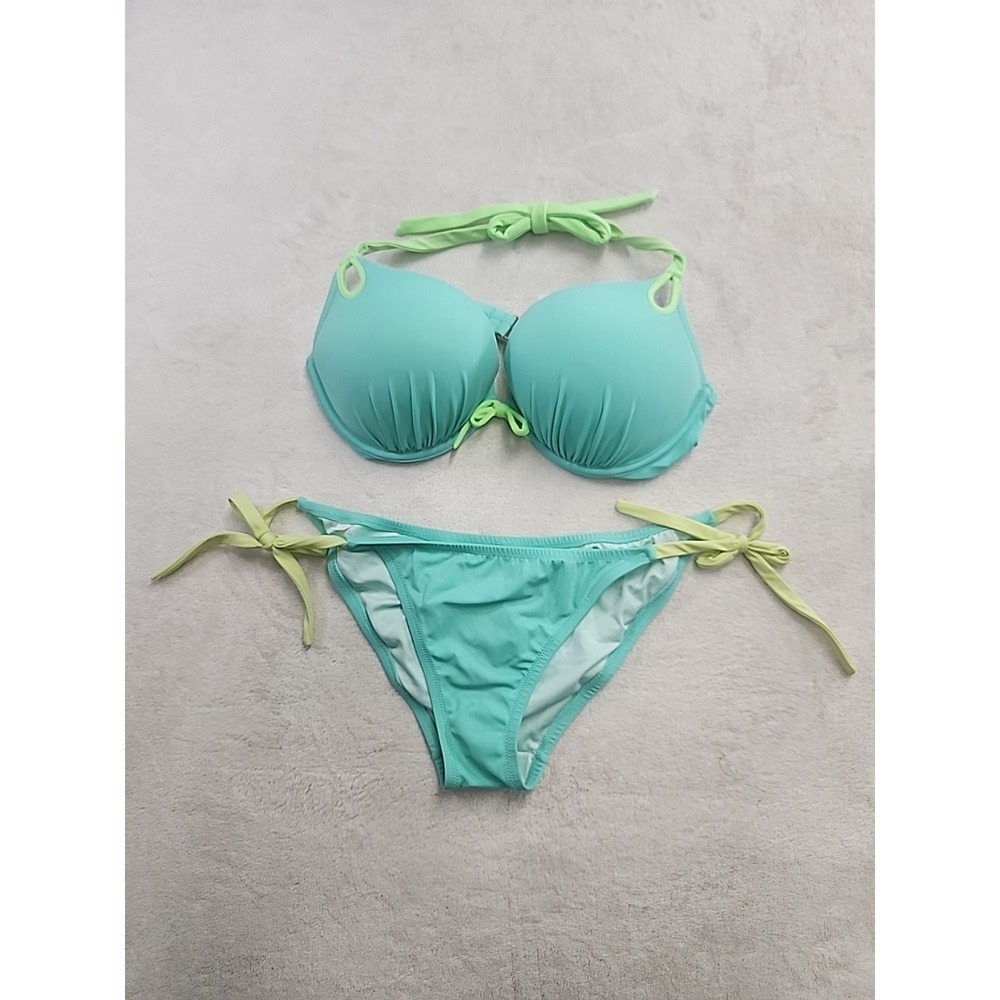 Victoria Secret Green And Yellow Bikini Size Large Bottoms  36c Top.
